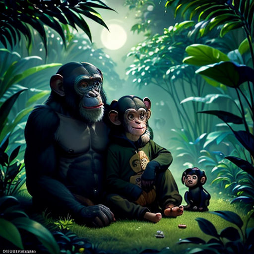 a couple of monkeys sitting next to each other in a forest with a baby monkey on the ground next to them