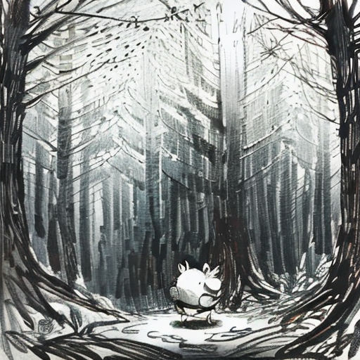 a drawing of a person in a forest with trees and snow on the ground, with a dog in the middle of the picture