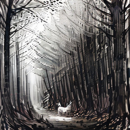 a painting of a white dog walking down a forest path with trees on either side of it and a light coming from the top of the trees