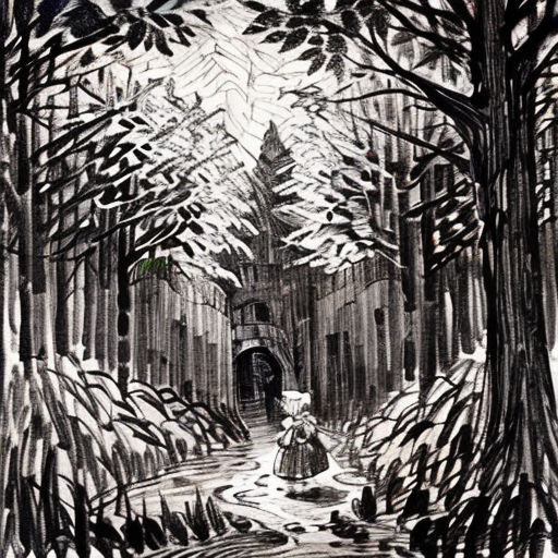 a drawing of a woman walking through a forest with a dog in the snow and a man in the distance