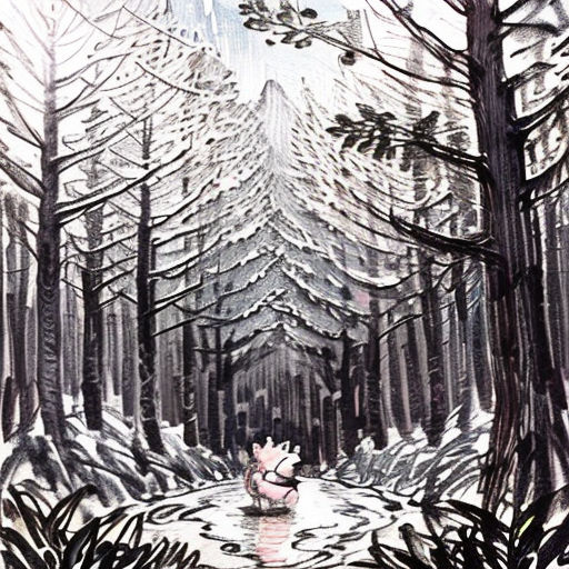 a drawing of a forest with a river and trees in the background and a person in a canoe in the foreground
