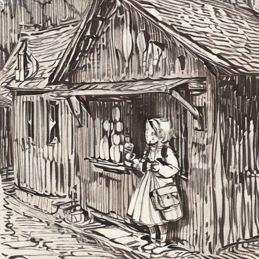 a drawing of a woman standing outside of a house with a cat on the porch and a dog on the porch