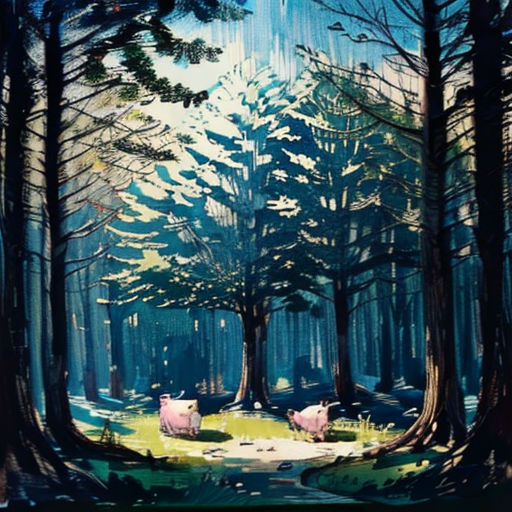 a painting of a forest with cows in the foreground and a blue sky in the background with a white star