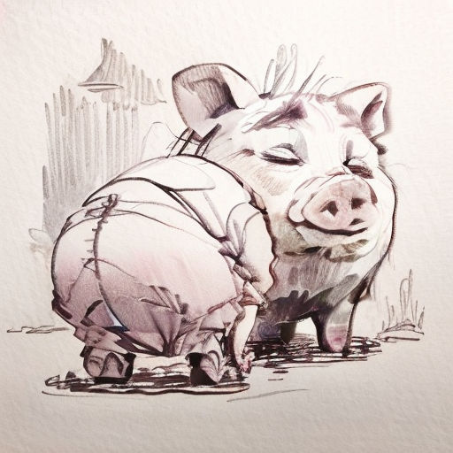 a drawing of a pig with a backpack on its back and a pig in the background with a building in the background
