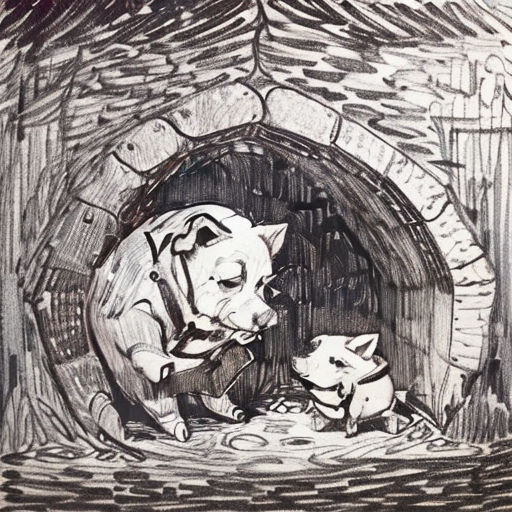 a drawing of a dog and a cat in a fireplace with a brick wall and a door open to another dog