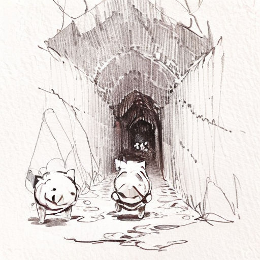a drawing of two pigs in a tunnel with a cat on the other side of the tunnel and a cat on the other side of the tunnel