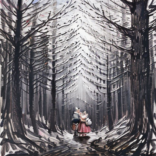 a painting of a couple walking through a forest in wintertime with snow falling on the ground and trees