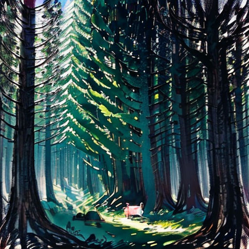 a painting of a forest with a bench in the middle of it and a person sitting on a bench in the middle of the forest
