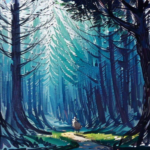 a painting of a man walking through a forest with trees and a stream in the foreground, with a blue sky and sun shining through the trees