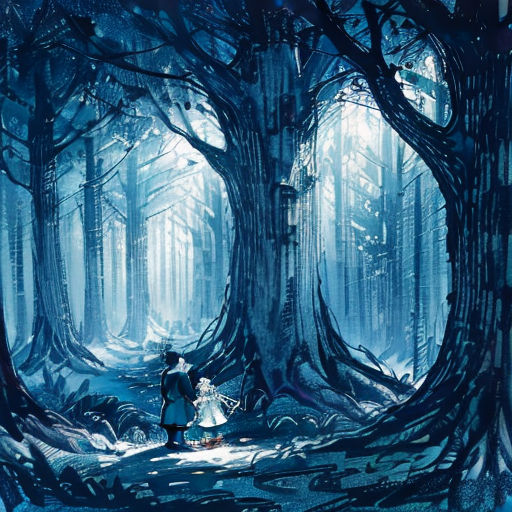 a couple of people standing in the middle of a forest with trees and snow on the ground and a person holding a umbrella