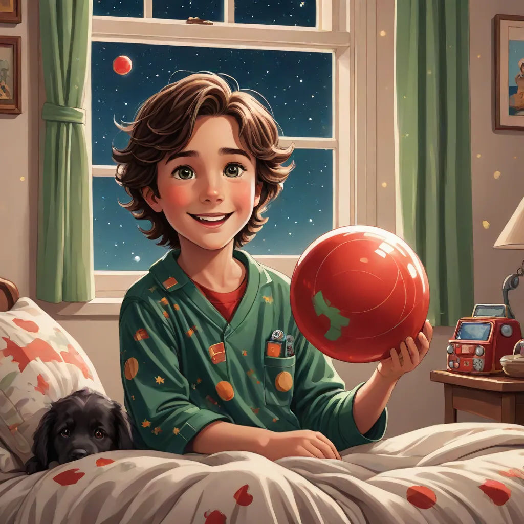 a boy in pajamas holding a red ball in his hand and a black dog on his lap in front of him, space art, a storybook illustration, Aaron Jasinski, storybook illustration