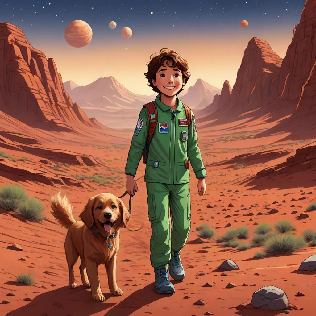 a boy in a green space suit walking a dog in the desert with planets in the background and a red rock formation, space art, a storybook illustration, Cliff Childs, promotional image