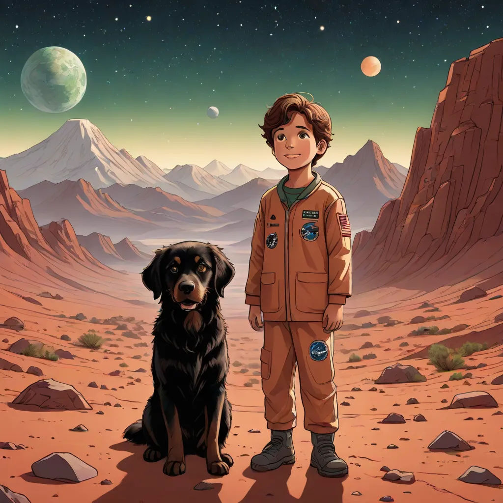 a boy and his dog are standing in the desert with a planet in the background and a distant sky, space art, a storybook illustration, Barclay Shaw, comic cover art