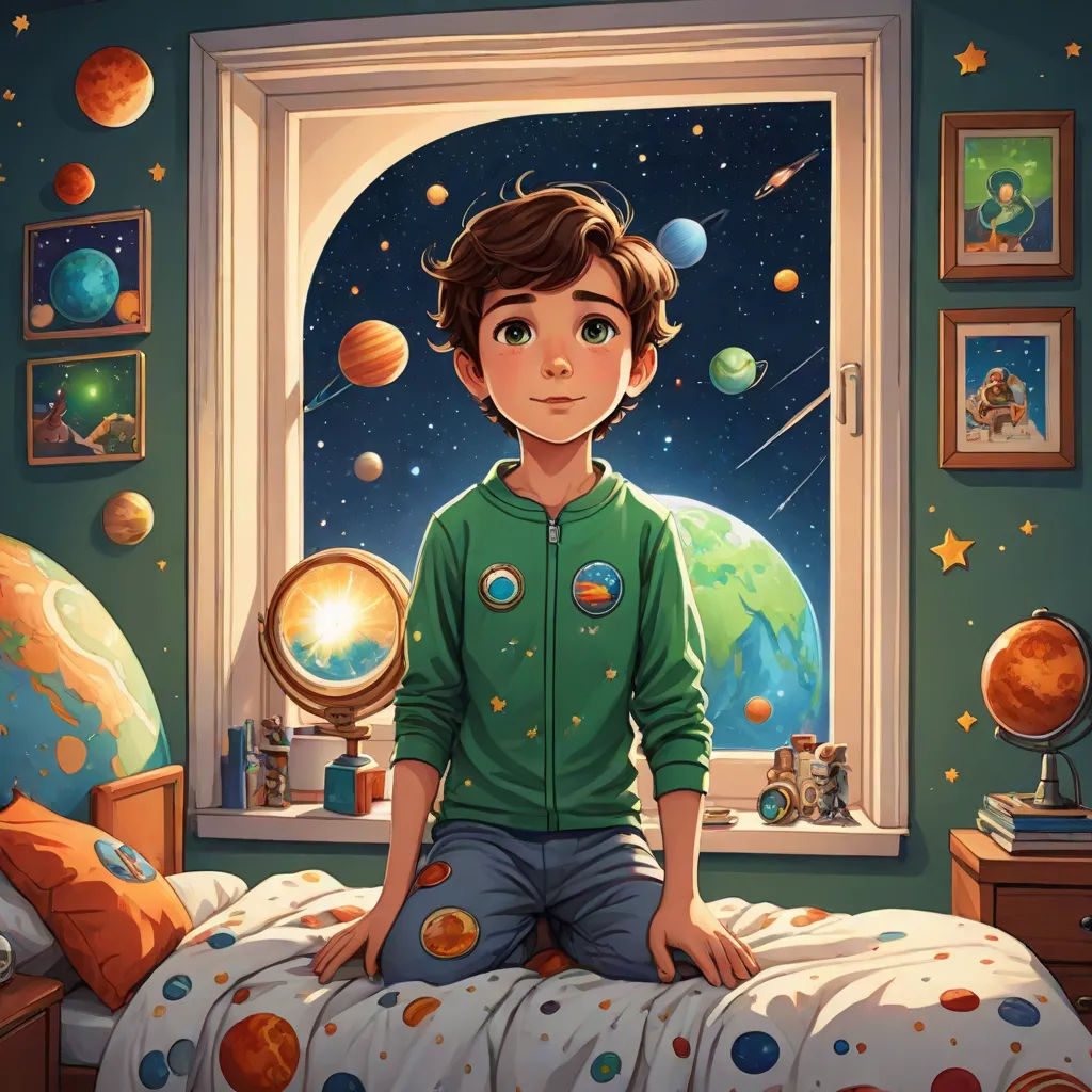 a boy sitting on a bed in front of a window with planets on it and a planet in the background, space art, a storybook illustration, Diego Gisbert Llorens, rossdraws global illumination