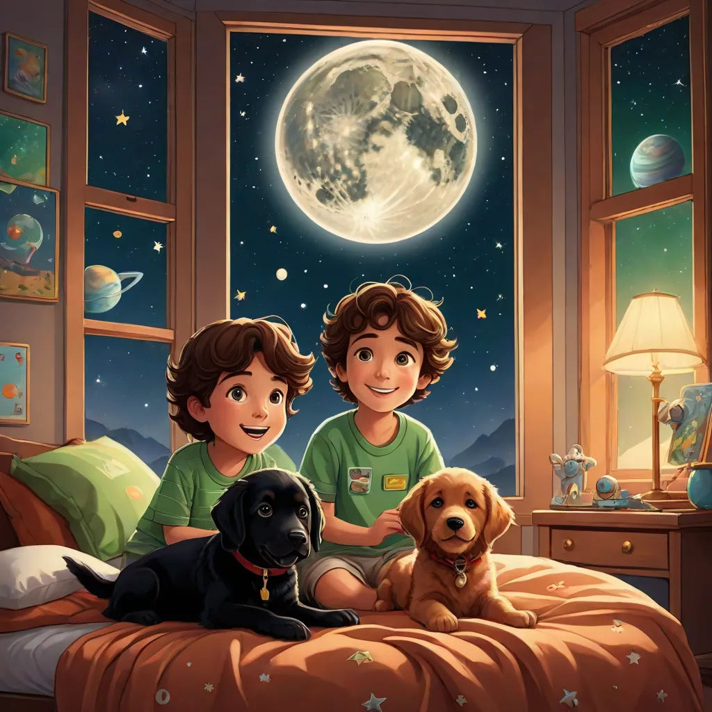 two boys and a dog are sitting on a bed in front of a window with the moon and stars, space art, a storybook illustration, Diego Gisbert Llorens, storybook illustration