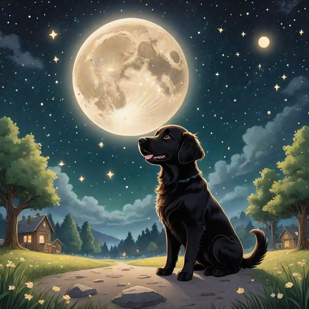 a dog sitting on a rock looking up at the moon in the sky with stars and a full moon in the background, space art, a storybook illustration, Chris LaBrooy, comic cover art