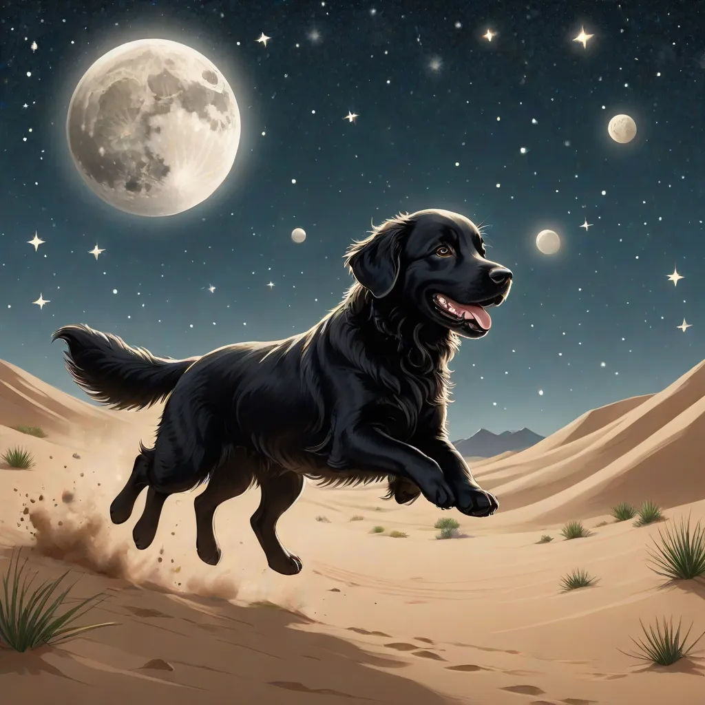 a dog is jumping in the air in the desert at night with the moon in the background and stars in the sky, space art, a storybook illustration, Chris LaBrooy, storybook illustration