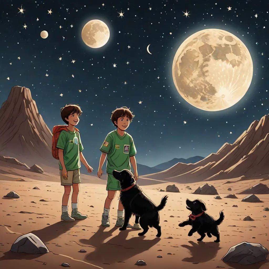 two boys and a dog standing in the desert with a full moon in the background and stars in the sky, space art, a storybook illustration, Cliff Childs, promotional image