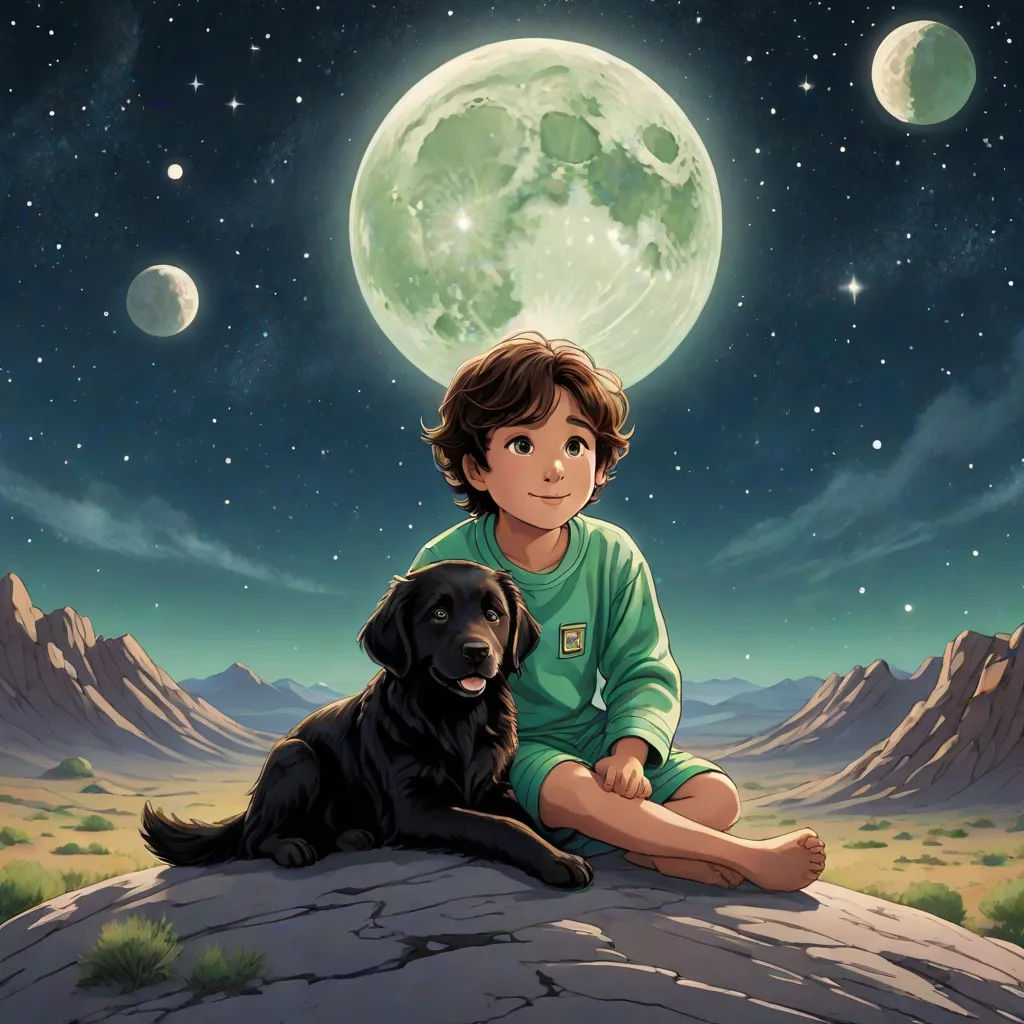 a boy sitting on a rock with a dog in front of a full moon and stars sky with mountains, space art, a storybook illustration, Aaron Jasinski, promotional image