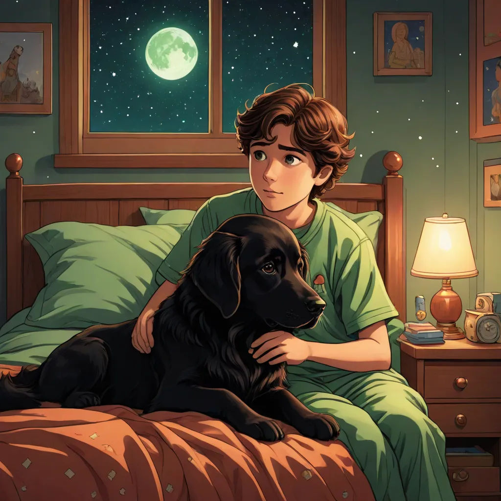 a boy in a green shirt sitting on a bed with a black dog in front of him and a full moon in the background, furry art, a storybook illustration, Diego Gisbert Llorens, storybook illustration