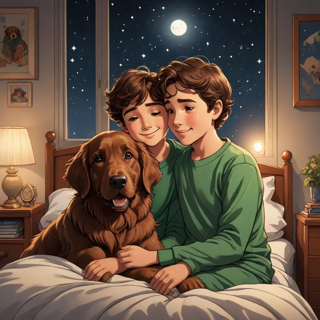 a boy and a girl are sitting on a bed with a dog in front of them and a night sky with stars, furry art, a storybook illustration, Diego Gisbert Llorens, comic cover art