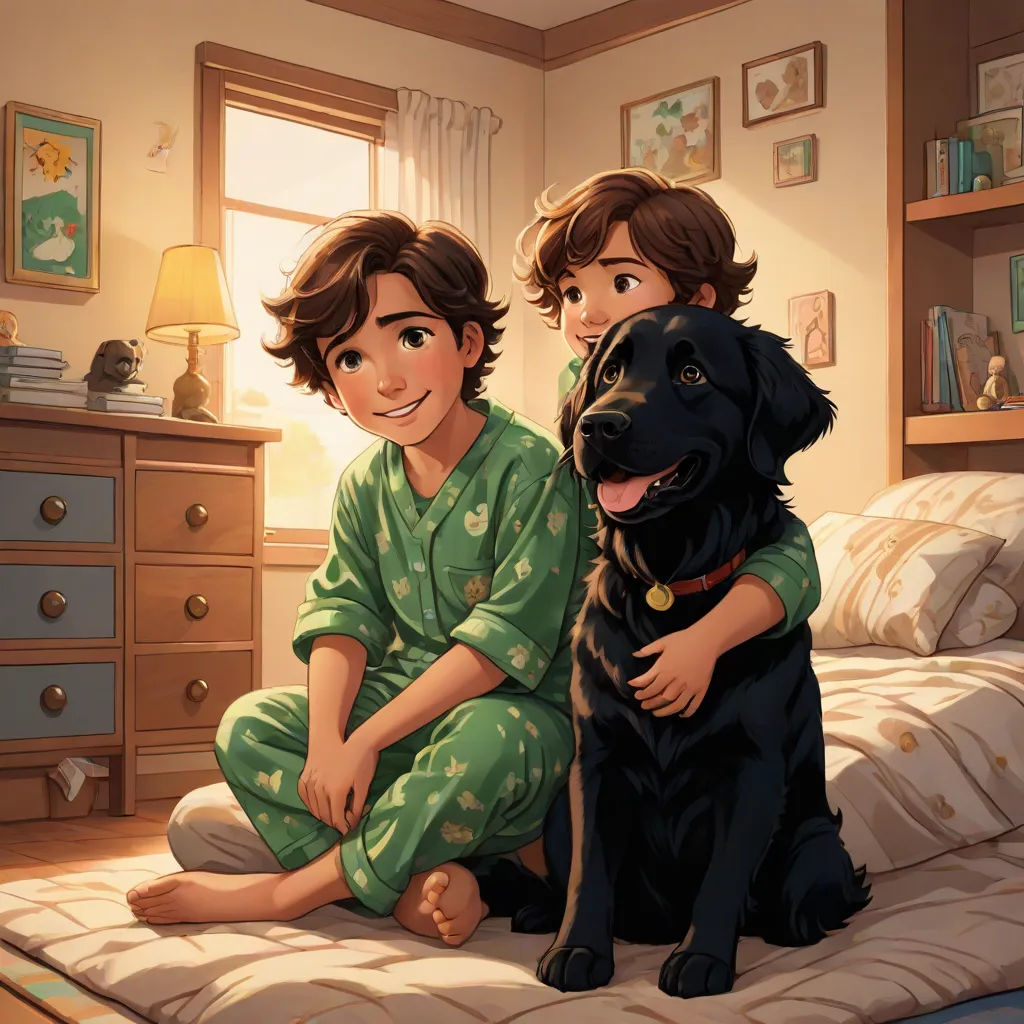 a boy and a dog sitting on a bed in a bedroom with a window and a dresser with a lamp, furry art, a storybook illustration, Brothers Hildebrandt, official art