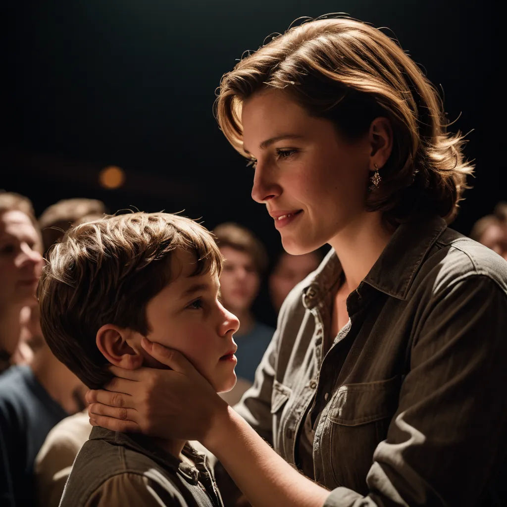a woman and a boy are sitting together in a crowd of people, one of them is touching the other's ear, les automatistes, a poster, Daphne Fedarb, promotional image