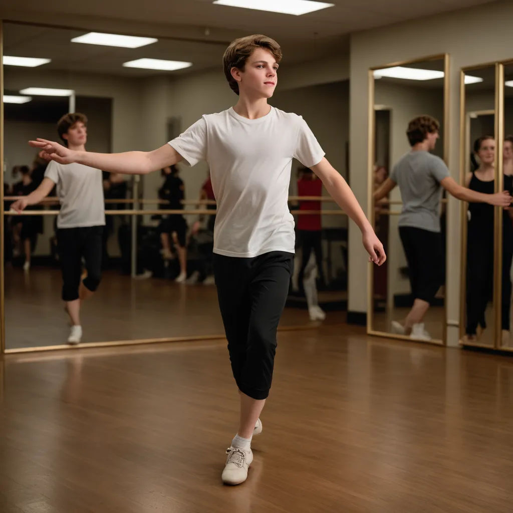 a young man is dancing in a dance studio with other people in the background and a mirror in the middle of the room, barbizon school, a stock photo, Fabien Charuau, dynamic pose