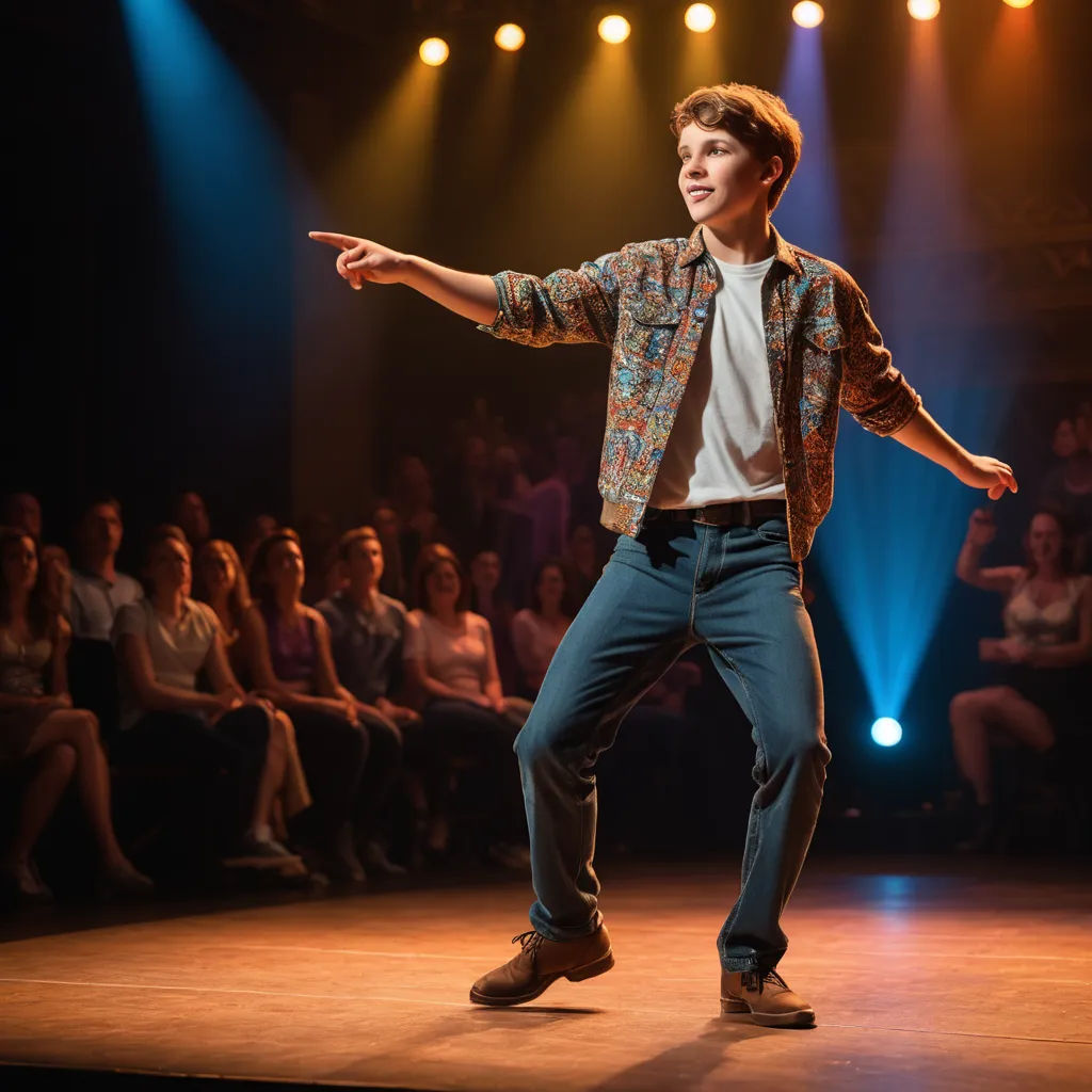 a man is dancing on a stage with a crowd watching him and his hands are out to the side, barbizon school, a character portrait, David Annand, promotional image