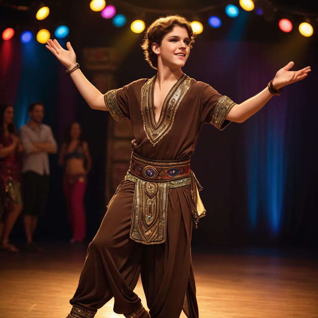 a woman in a brown outfit is dancing on a stage with a crowd watching her and a man in a brown shirt is standing behind her, arabesque, a poster, Fletcher Martin, promotional image