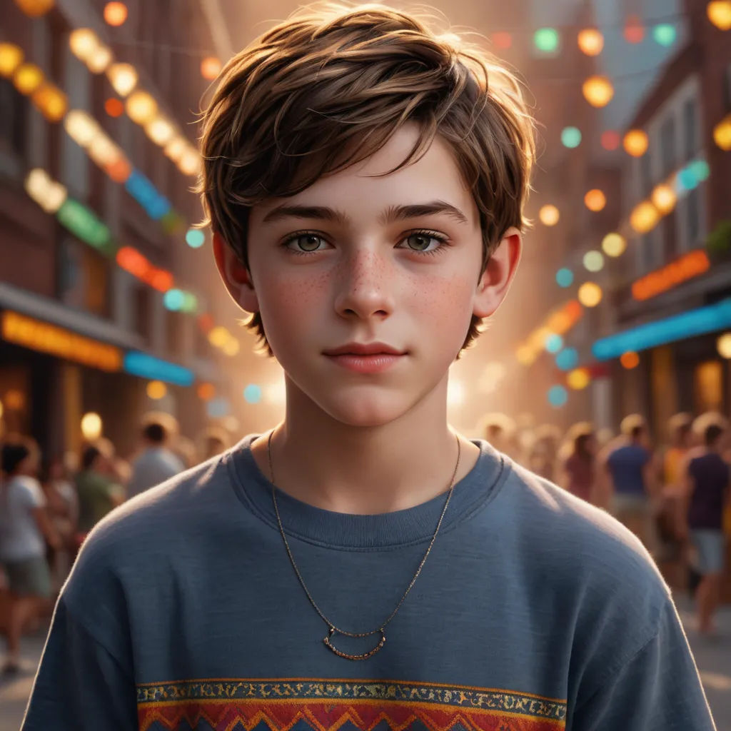 a boy in a blue shirt standing in a crowded street with lights hanging from the ceiling and a crowd of people walking around, photorealism, a photorealistic painting, Chris LaBrooy, rossdraws global illumination