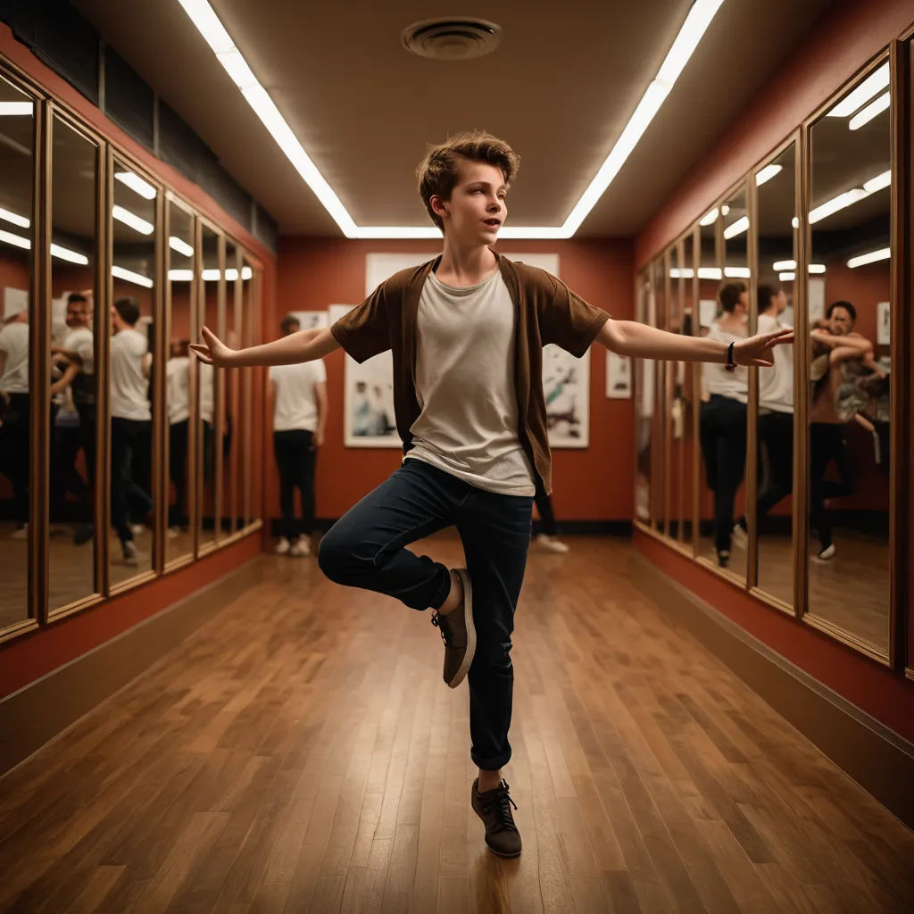 a man is dancing in a hallway with mirrors on the wall and a man in a white shirt is standing in the hallway, barbizon school, a stock photo, Fabien Charuau, dynamic pose