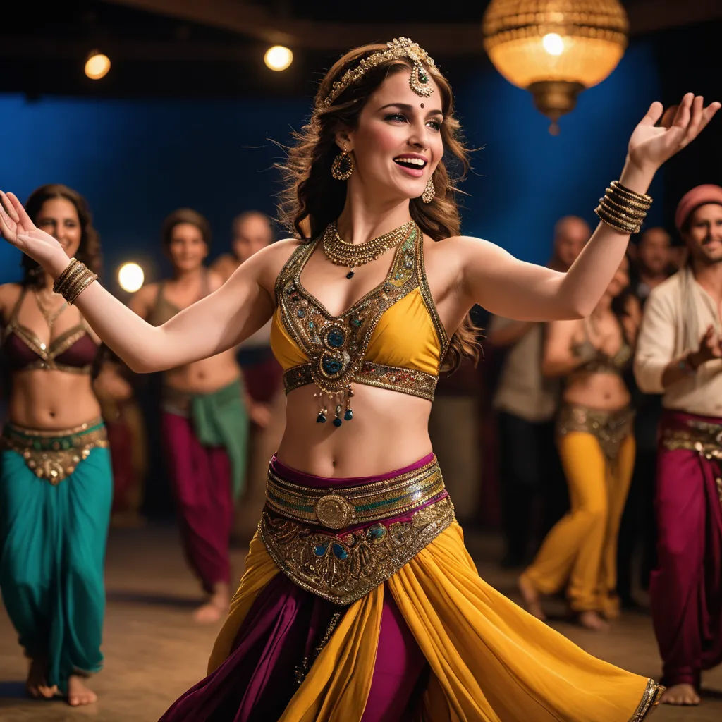 a woman in a belly dance costume dancing with other people in the background in a darkened room with lights, arabesque, a screenshot, Ella Guru, promotional image
