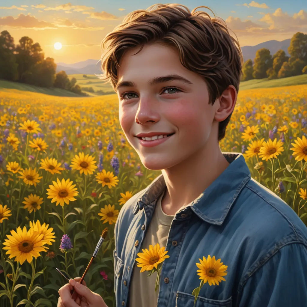 a painting of a boy in a field of sunflowers with a stick in his hand and a sunset in the background, photorealism, a photorealistic painting, Bob Byerley, highly detailed digital painting