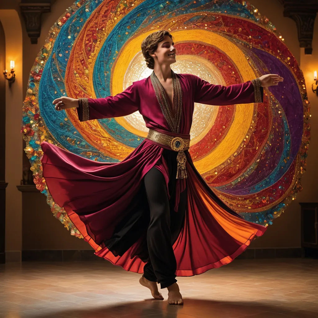 a woman in a colorful dress is dancing in front of a circular artwork piece in a room with lights, arabesque, an ultrafine detailed painting, Fabien Charuau, orientalism
