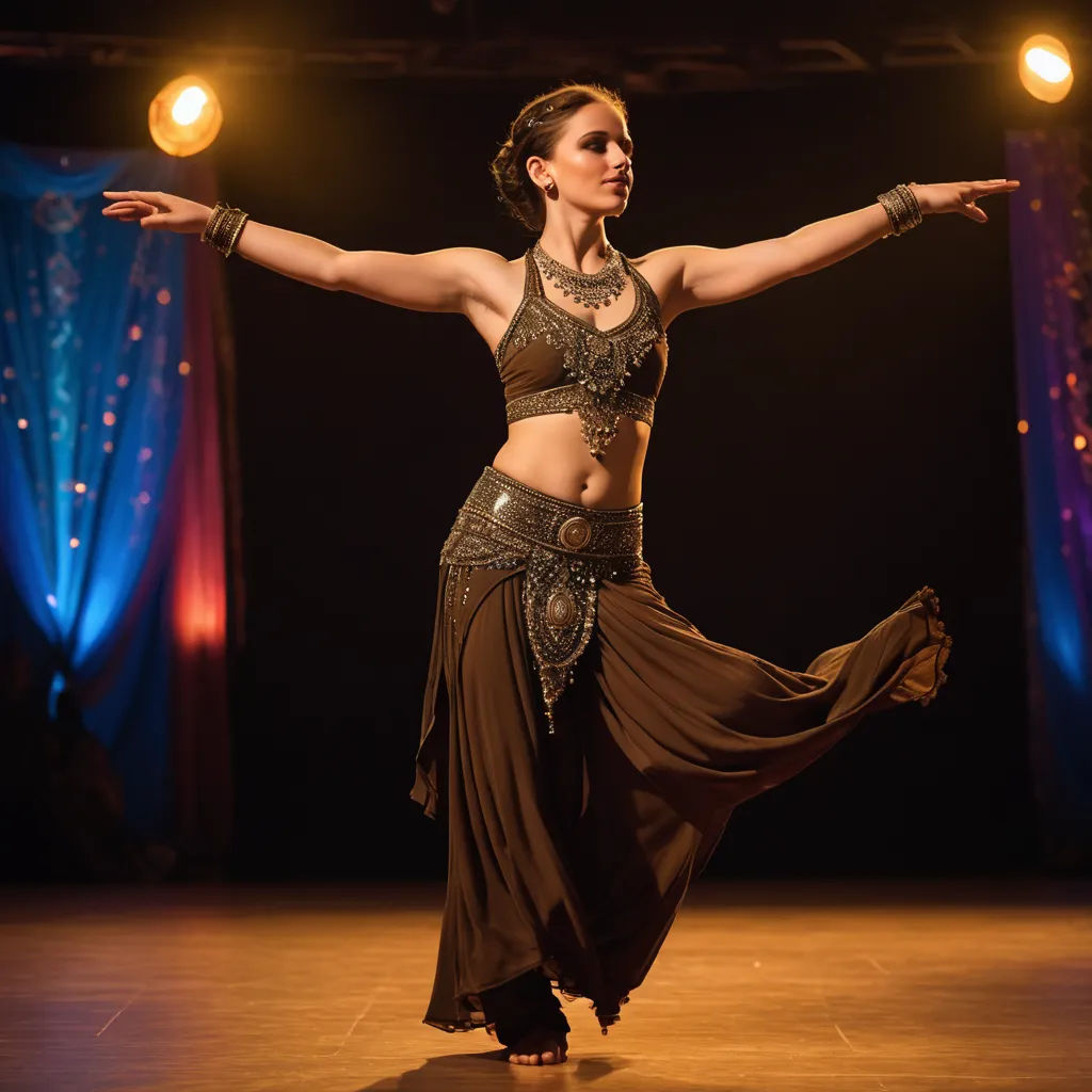 a woman in a belly dance pose on a stage with her arms outstretched in the air and her hands out, arabesque, egyptian art, Daphne McClure, orientalism