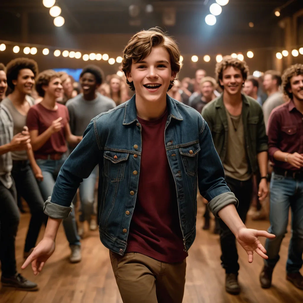 a group of people dancing in a dance studio with lights on the ceiling and a man in a denim jacket smiling, kitsch movement, a stock photo, Austin English, promotional image