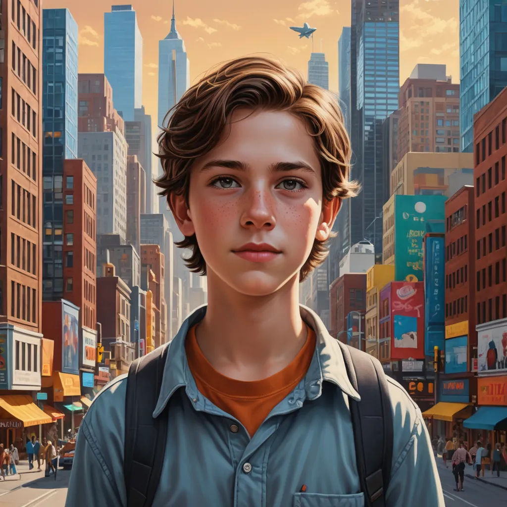 a painting of a boy in a city with a plane flying overhead in the background and a cityscape in the foreground, photorealism, a hyperrealistic painting, Aaron Jasinski, highly detailed digital painting