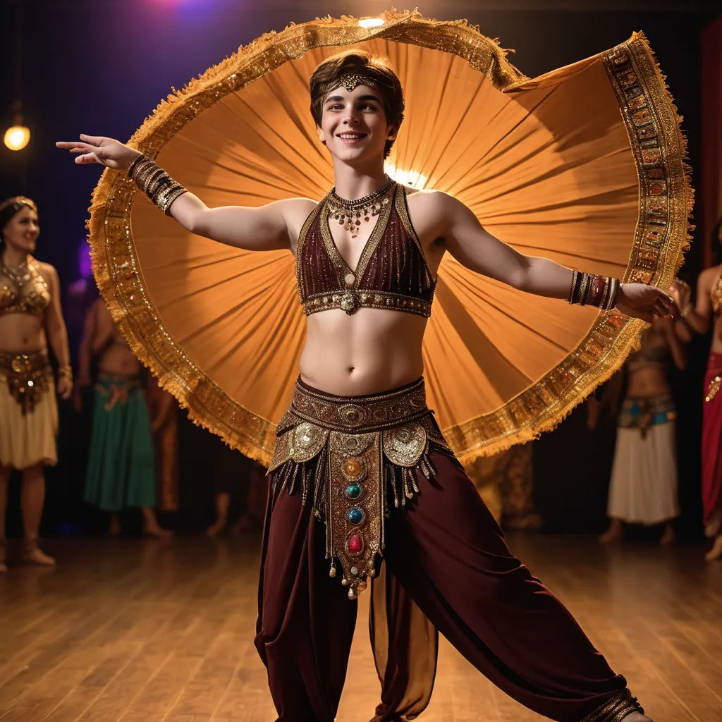a woman in a belly dance costume with a fan on her head and arms outstretched in front of her, arabesque, a character portrait, Ella Guru, promotional image
