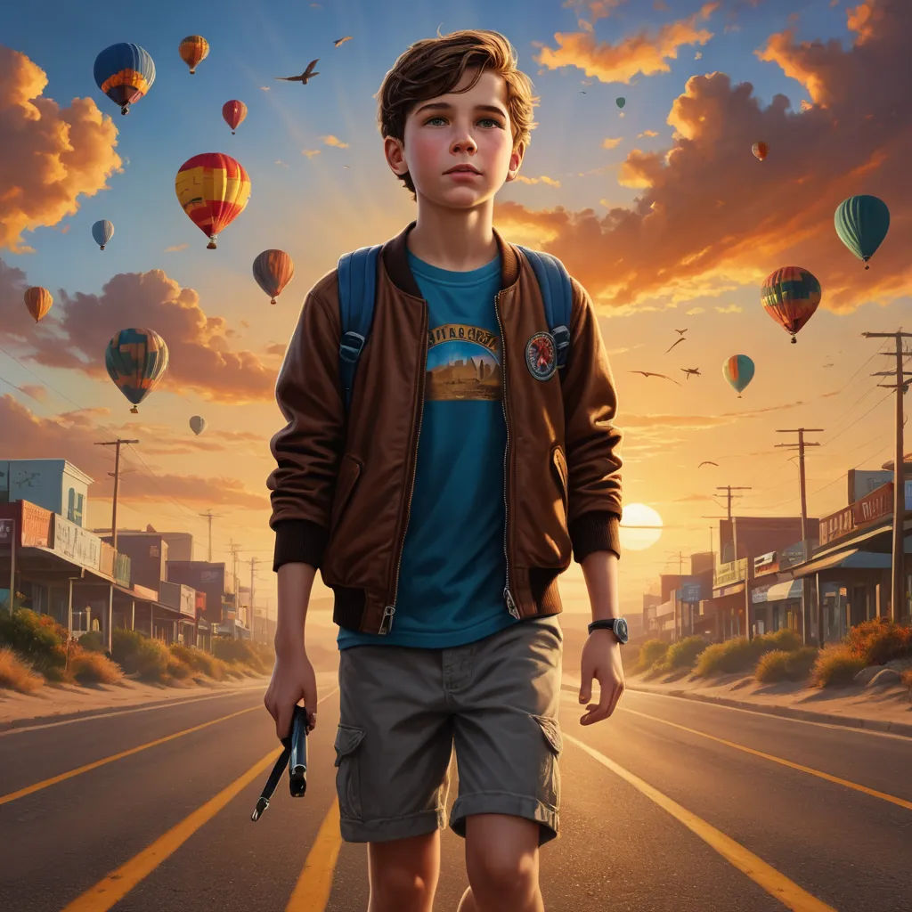 a boy walking down a street with a backpack on his back and hot air balloons in the sky above, photorealism, a detailed matte painting, Chris LaBrooy, highly detailed digital painting
