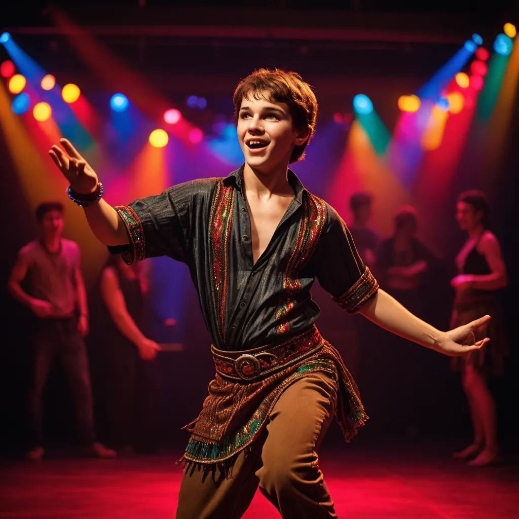 a man in a costume is dancing on stage with other people in the background and lights on the ceiling, arabesque, a character portrait, David Annand, promotional image