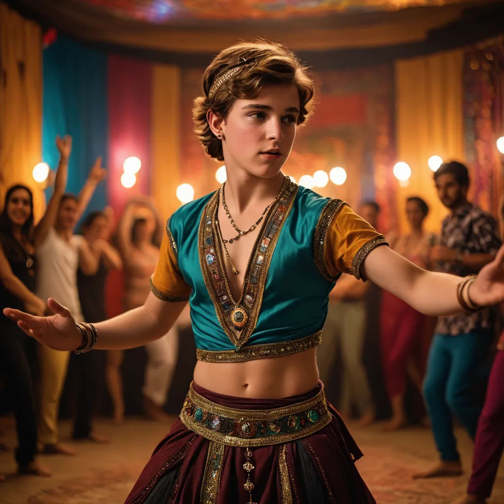 a woman in a belly dance outfit with a crowd of people in the background watching her dance in a dance studio, arabesque, a renaissance painting, Anson Maddocks, promotional image