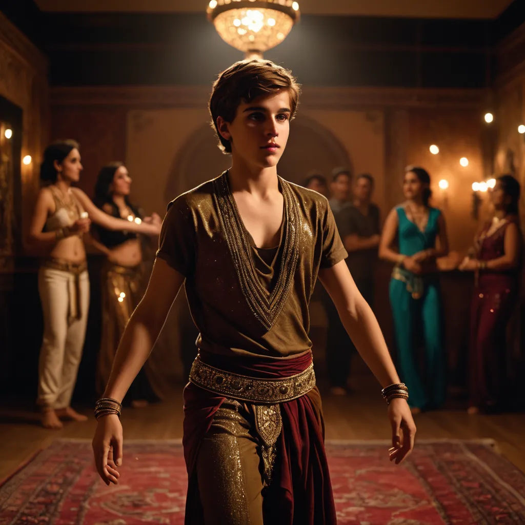 a man in a costume standing in front of a group of people in a room with a chandelier, arabesque, a hologram, Fletcher Martin, promotional image