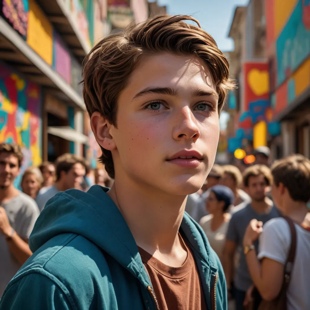 a young man standing in front of a crowd of people in a city street with a blue hoodie, aestheticism, a character portrait, Etienne Delessert, kai carpenter
