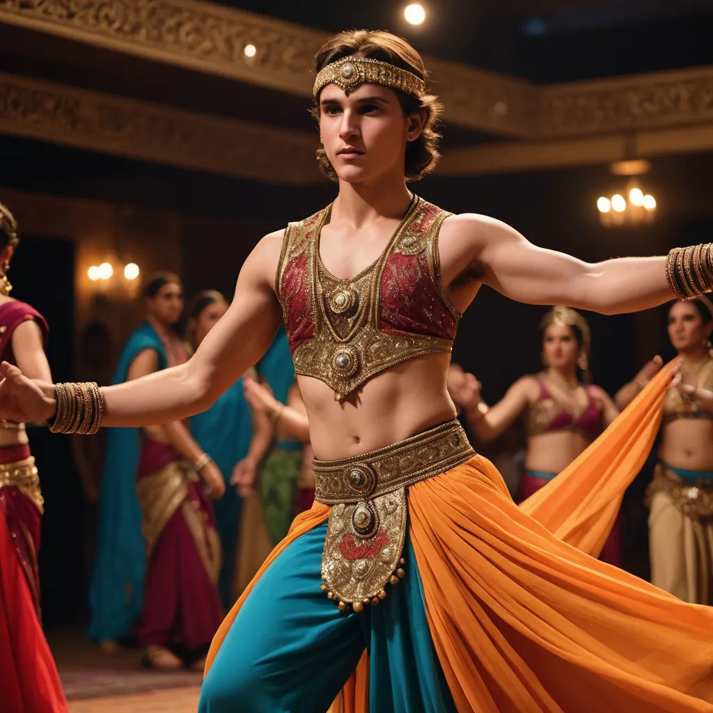 a man in a costume is dancing with other people in the background in a theater setting with lights on, arabesque, a bronze sculpture, Daryush Shokof, movie still