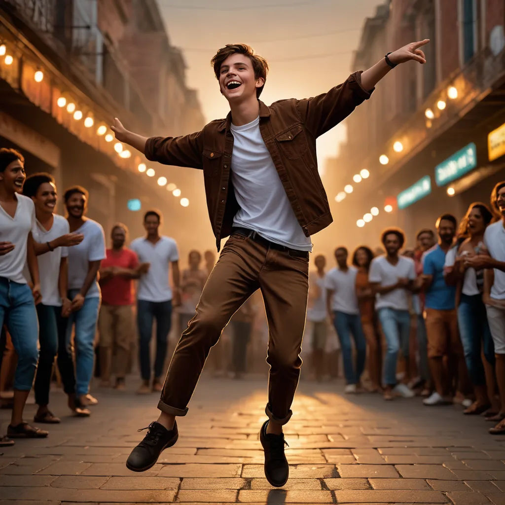 a man is jumping in the air in front of a crowd of people on a street at night time, figuration libre, a stock photo, Daniel Lieske, cinematic photography