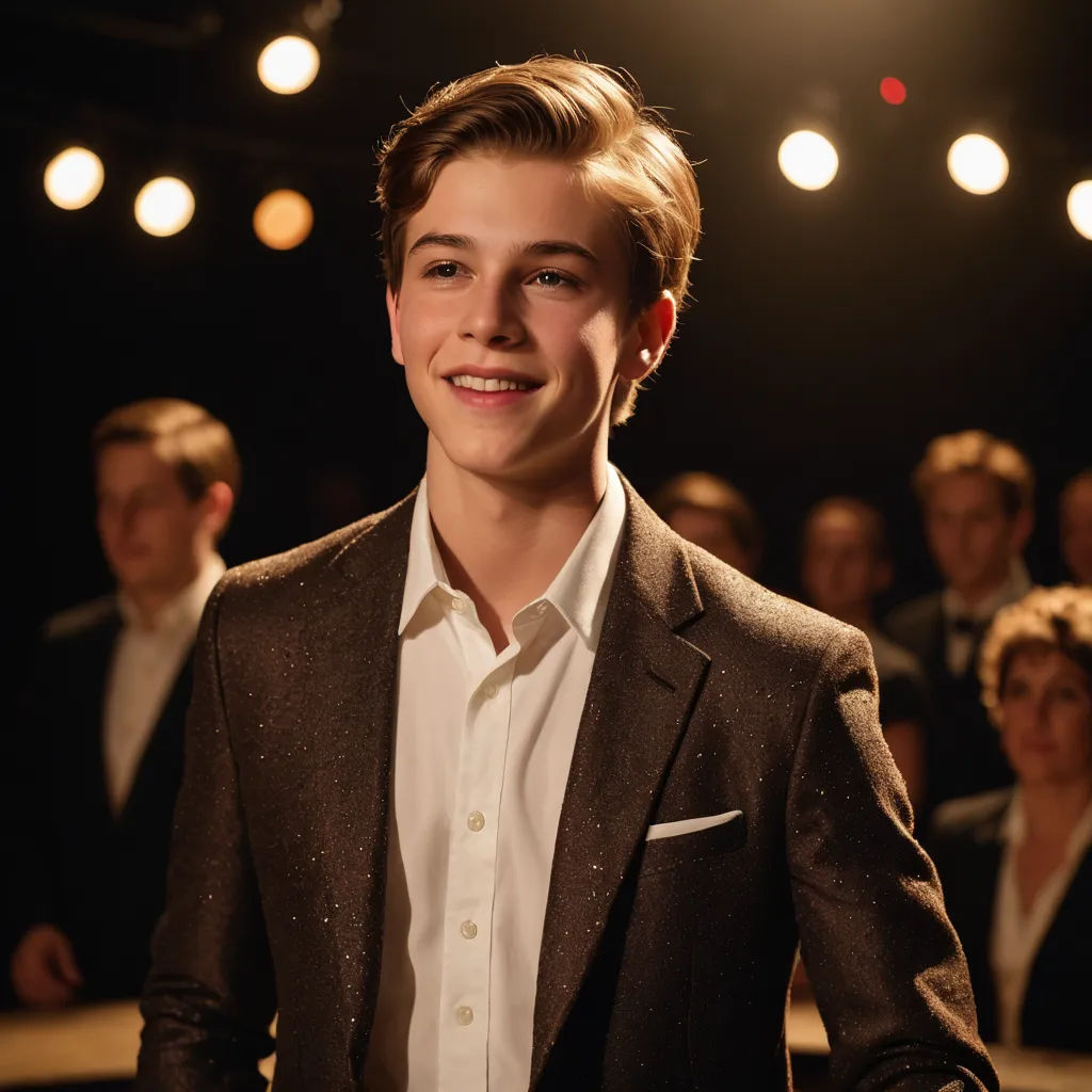 a young man in a suit and tie standing in front of a crowd of people in a dark room, heidelberg school, a poster, Caspar Wolf, promotional image