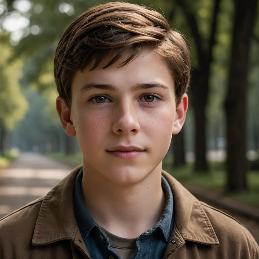 a young boy is posing for a picture in a park with trees in the background and a road in the foreground, naturalism, a character portrait, Clark Voorhees, kai carpenter