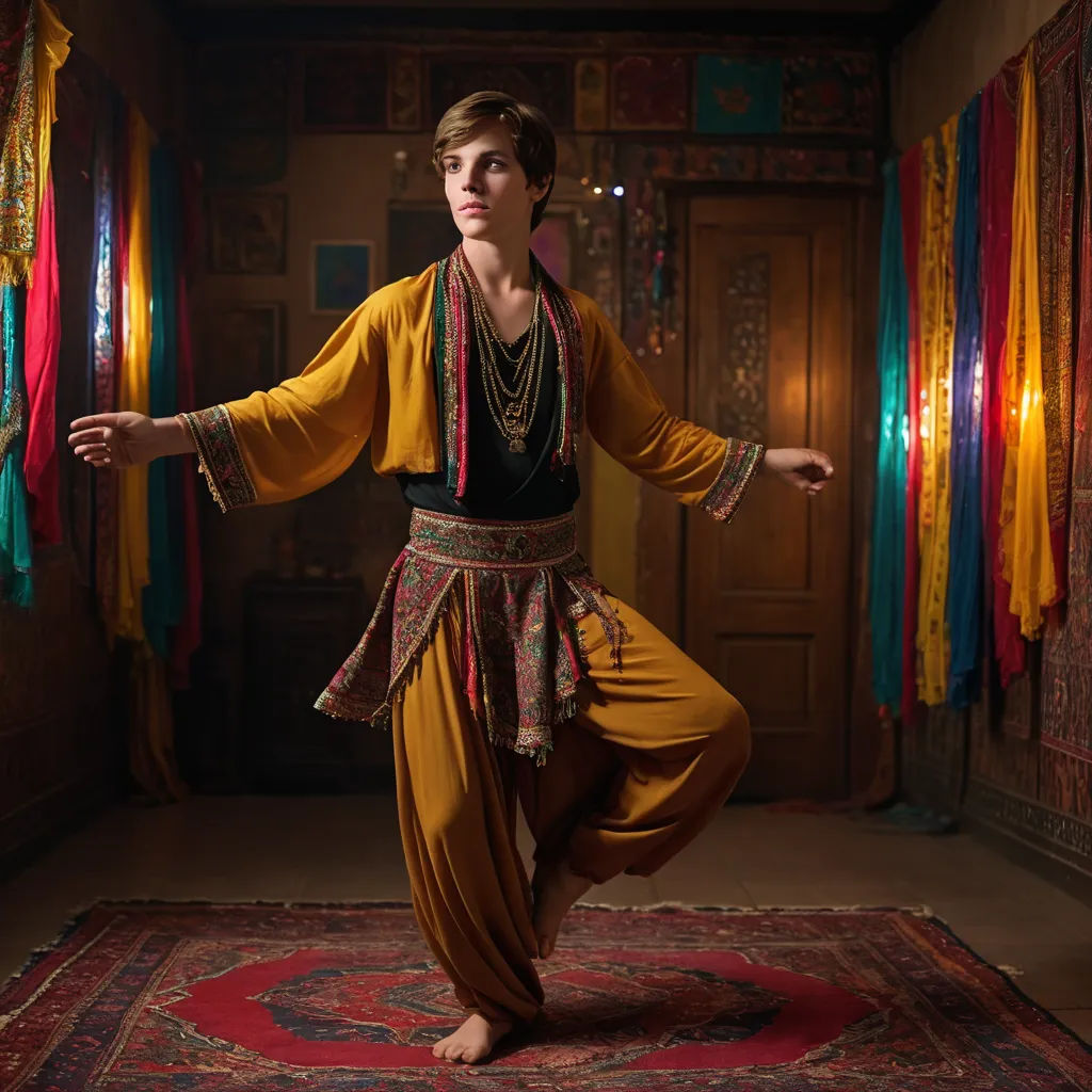 a woman in a yellow outfit is dancing on a rug in a room with colorful curtains and a doorway, arabesque, a poster, Diego Gisbert Llorens, promotional image