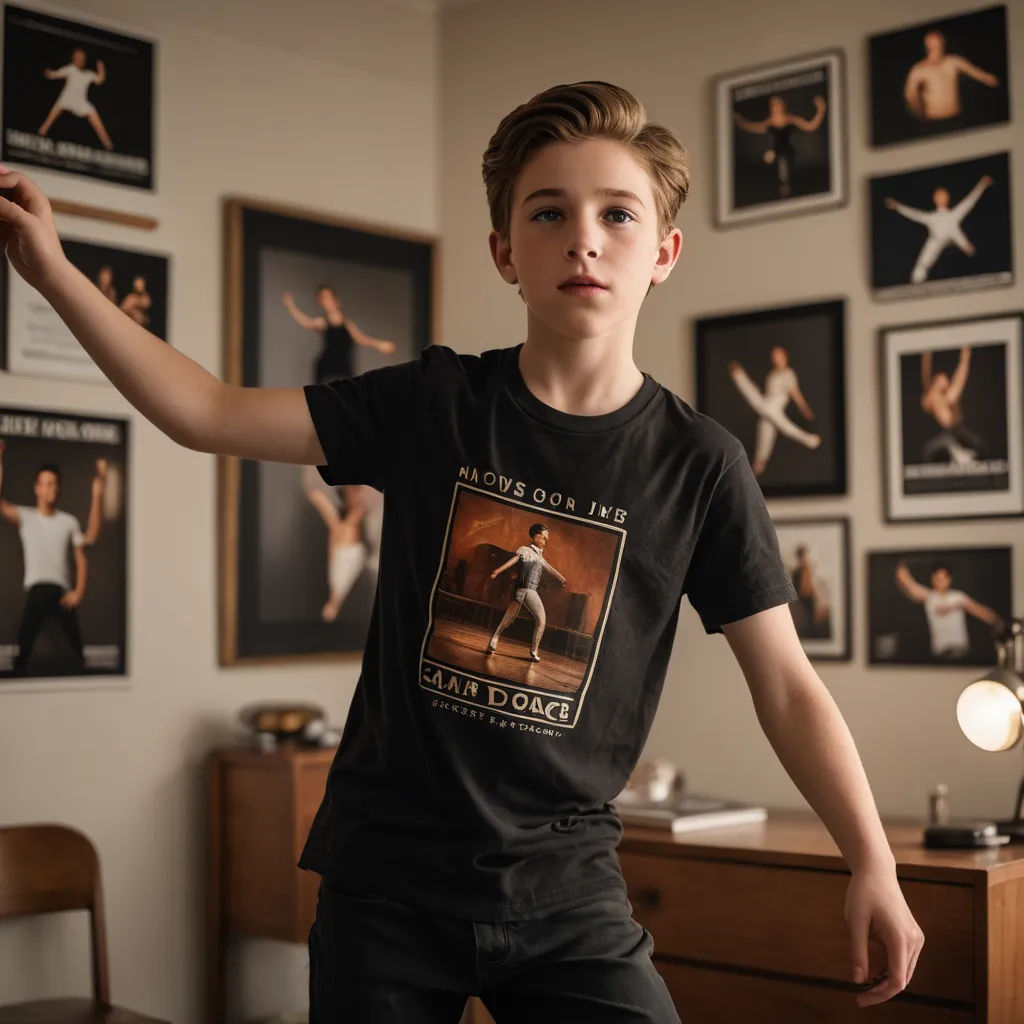 a boy in a black shirt is standing in a room with pictures on the wall and a lamp on the table, kitsch movement, poster art, Caspar Wolf, heroic pose